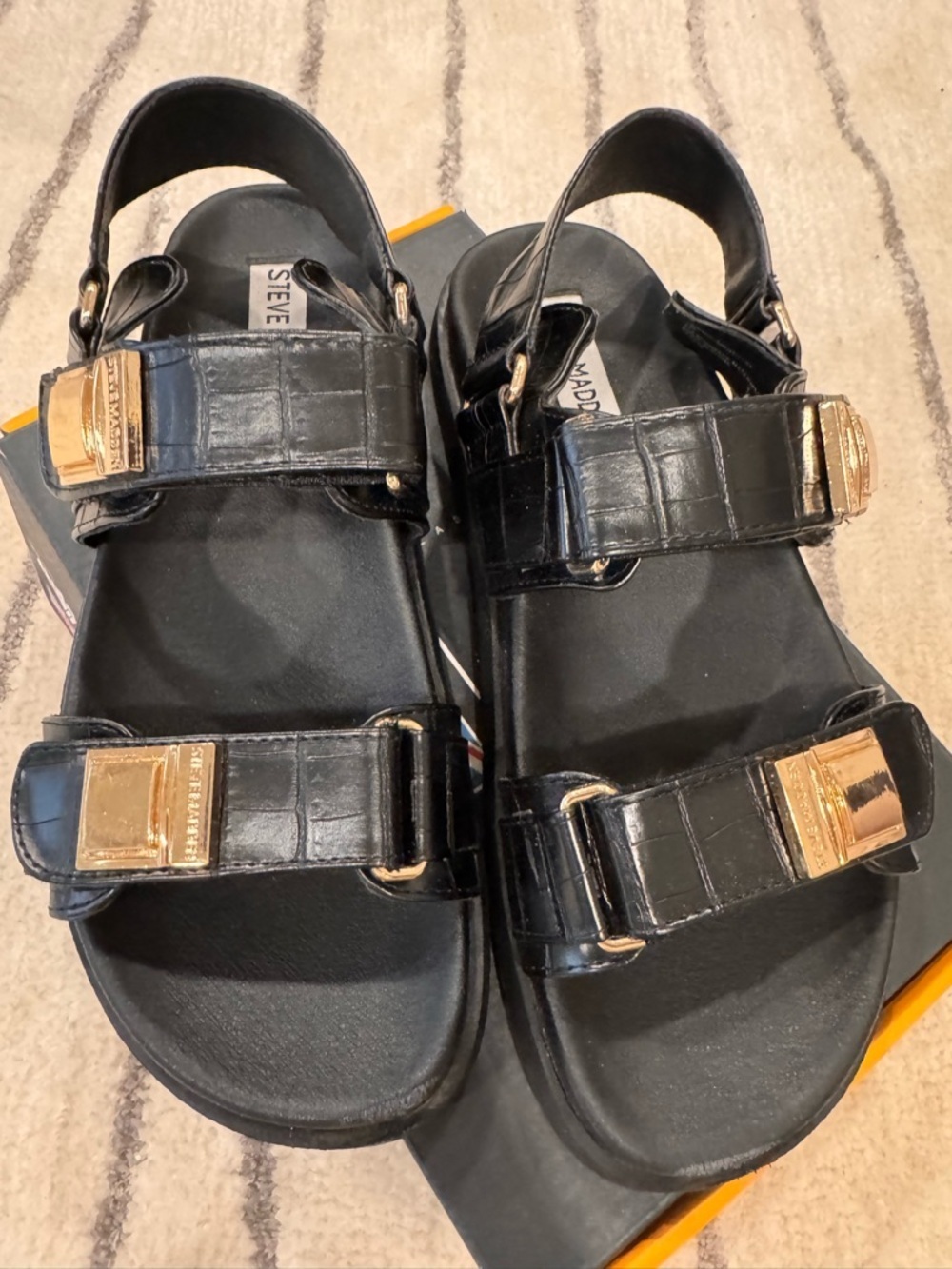 Steve Madden Black Croc-Embossed Double-Strap Sandals with Gold Buckles - Picture 3 of 6